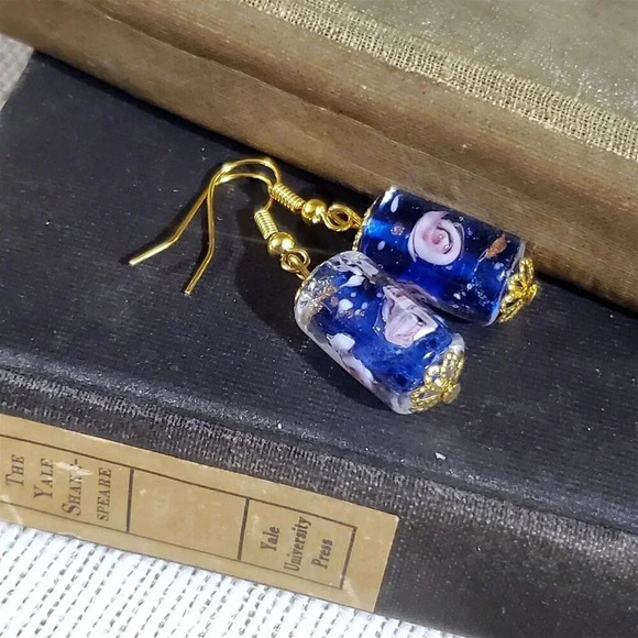 Cobalt Blue Murano Lampwork Glass Flower Inside Vintage Bead Round Tube Earrings - Picture 1 of 10